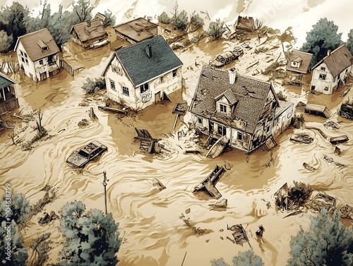 Bird s eye view of a pastoral village devastated by a severe flood once thriving homes and businesses now partially or fully submerged in the swirling brown floodwaters photo