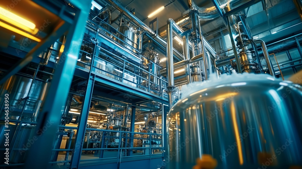 Fototapeta premium Detailed view of a modern industrial facility showcasing advanced machinery and pipelines in a bustling production environment