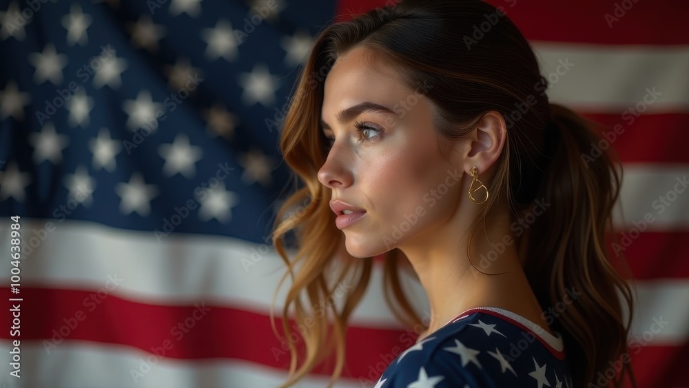 A woman poses elegantly against a backdrop of the American flag, showcasing national pride and beauty in a moment of contemplation A woman poses elegantly against a backdrop of the American flag, showcasing national pride and beauty in a moment of contemplation