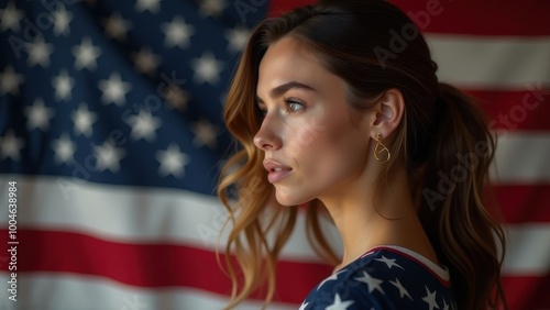 A woman poses elegantly against a backdrop of the American flag, showcasing national pride and beauty in a moment of contemplation photo