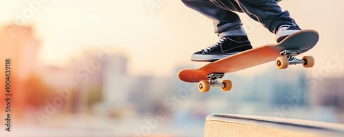 Skateboarder executing an ollie on an urban ledge, city backdrop