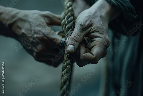 The image captures two hands tightly securing a thick rope, suggesting themes of struggle, connection, or restraint in a dramatic setting.