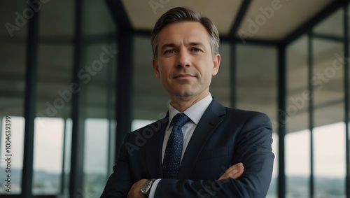 Confident businessman with folded arms near large windows.