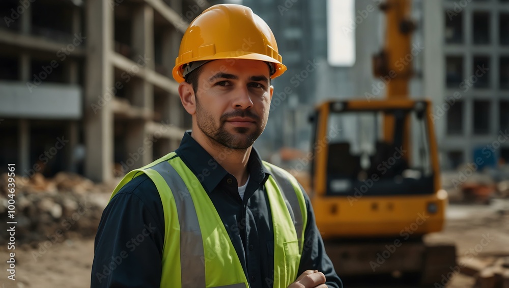 Confident worker in a hard hat at a busy site. Confident worker in a hard hat at a busy site.