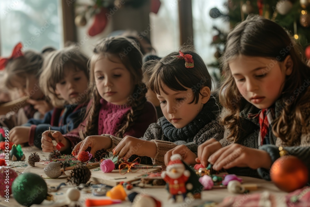 Children gathered around a table making handmade Christmas ornaments Children gathered around a table making handmade Christmas ornaments
