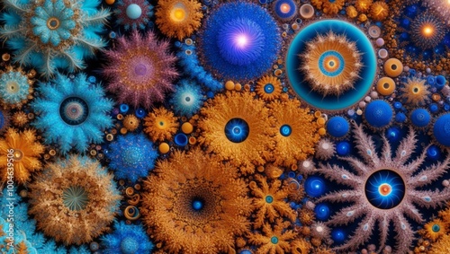 An abstract image featuring a vibrant array of fractal patterns resembling microscopic organisms or coral-like structures