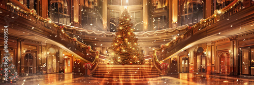 The hotels Christmas atmosphere, with an elegant tree as the centerpiece, lavish decorations, and bright lights, offers a stylish and welcoming space for holiday celebrations, banner