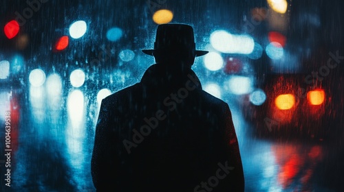 man spy agent detective in raincoat and hat in night city with rain in style of film noir. Collage with dark male silhouettes 