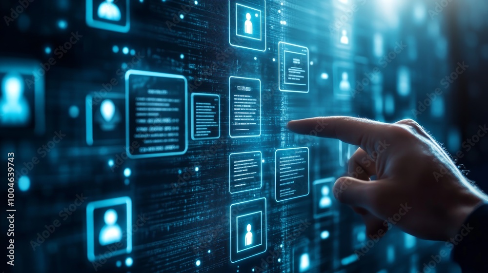 A hand interacts with digital data visualizations on a futuristic interface. A hand interacts with digital data visualizations on a futuristic interface.