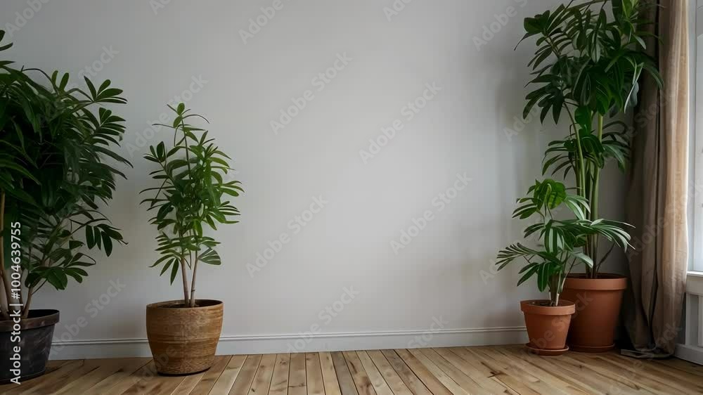 A serene indoor space featuring potted plants on a wooden floor, evoking tranquility and a minimalist aesthetic A serene indoor space featuring potted plants on a wooden floor, evoking tranquility and a minimalist aesthetic