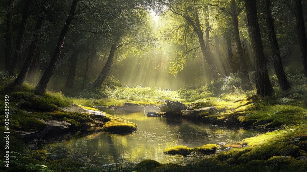 Sunlight streams through the trees in a tranquil forest, illuminating a serene creek with lush greenery.