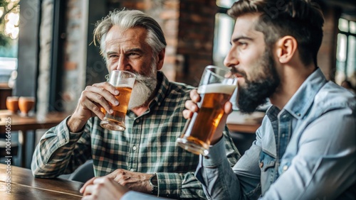 Father and son enjoy drinks together at a cozy brewery in the afternoon. Generative AI