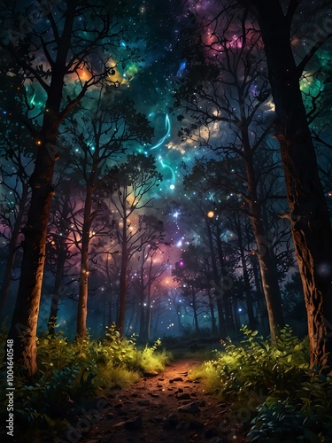 Cosmic forest scene with colorful lights and swirling patterns, evoking dreams.