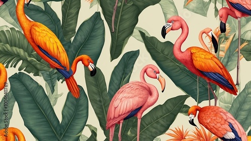 beautiful tropical wallpaper with leaves and toucan birds