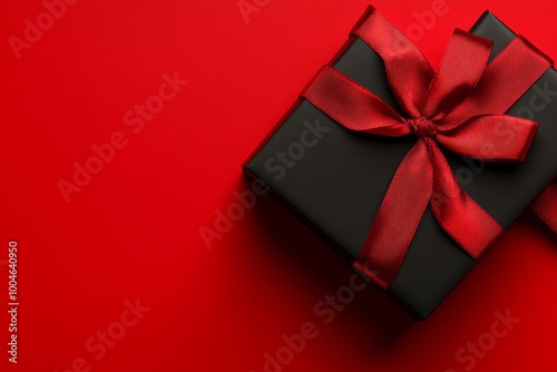 A sleek black gift box tied with a satin red ribbon rests on a bold red background, ideal for celebrations or surprises