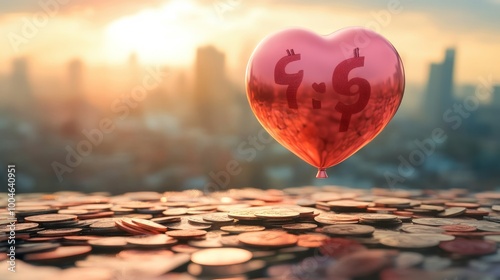 A heart-shaped balloon with dollar signs floats above a pile of coins, symbolizing love and money.