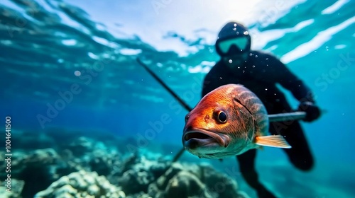 Spearfisher emerging from the water with a catch, underwater hunting success photo