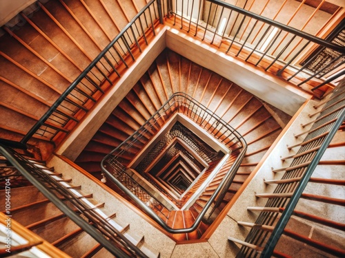 Aerial view of a spiral staircase with wooden steps and metal railings. Generative AI