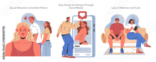 Reasons For Men Cheating. Flat Vector Illustration
