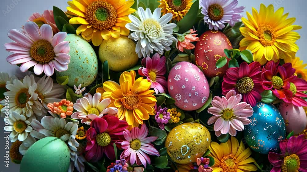Colorful Easter eggs are surrounded by bright flowers Colorful Easter eggs are surrounded by bright flowers