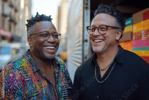 Two smiling men standing near moving truck on moving day photo