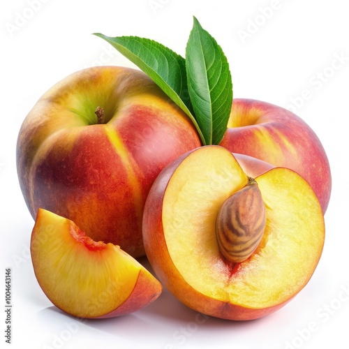 Ripe peaches with fresh leaves and a sliced peach on a white bar scale. Generative AI