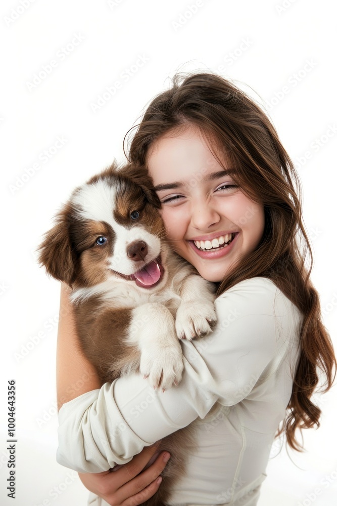 Happy girl hugging cute puppy