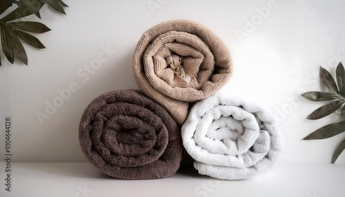 Rolled Up Towels in Spa Setting on White