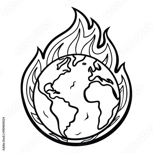 Solid black outline global warming fire vector illustration isolated on white background