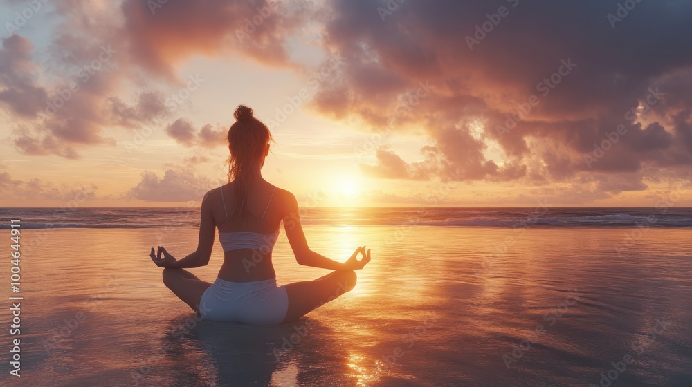Back view of young woman doing yoga at beach during sunset