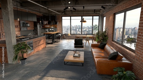 Styled furniture and exposed brick walls in a modern loft living room.