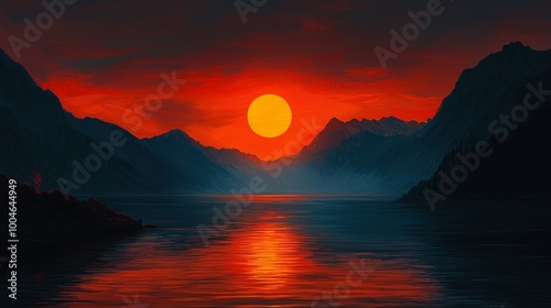 This painting is of a sunset over water with a wave approaching the shore and the sun fading into the distance