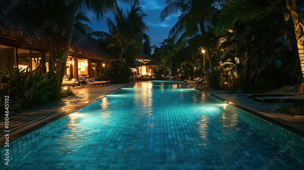 Obraz premium Luxurious tropical resort pool in the night