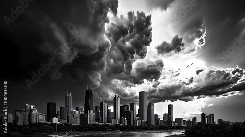 A high-contrast black and white photograph of a city skyline under stormy clouds.