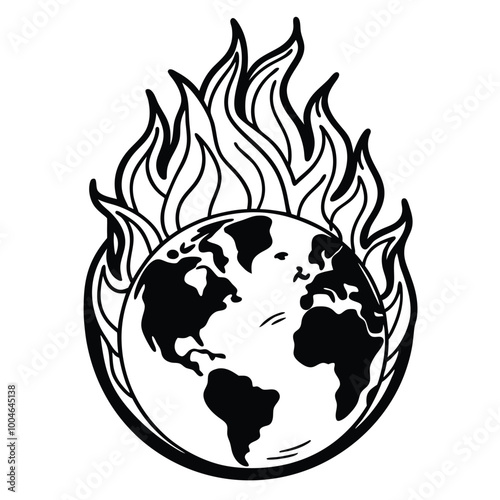 Solid black outline global warming fire vector illustration isolated on white background