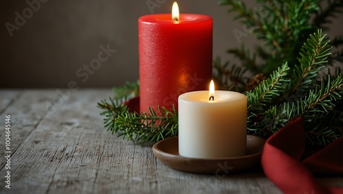 Cozy decorations featuring red candles and festive greenery. photo