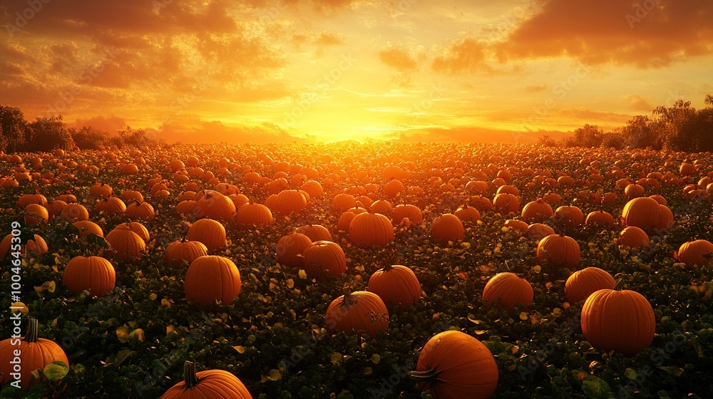 Obraz premium Sunset over a pumpkin patch filled with pumpkins.