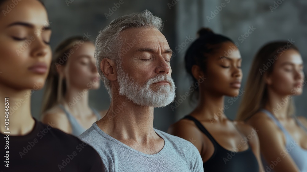 breath exercise and group mediatation in yoga studio, mindfulness, men and women meditating and breathing with closed eyes breath exercise and group mediatation in yoga studio, mindfulness, men and women meditating and breathing with closed eyes