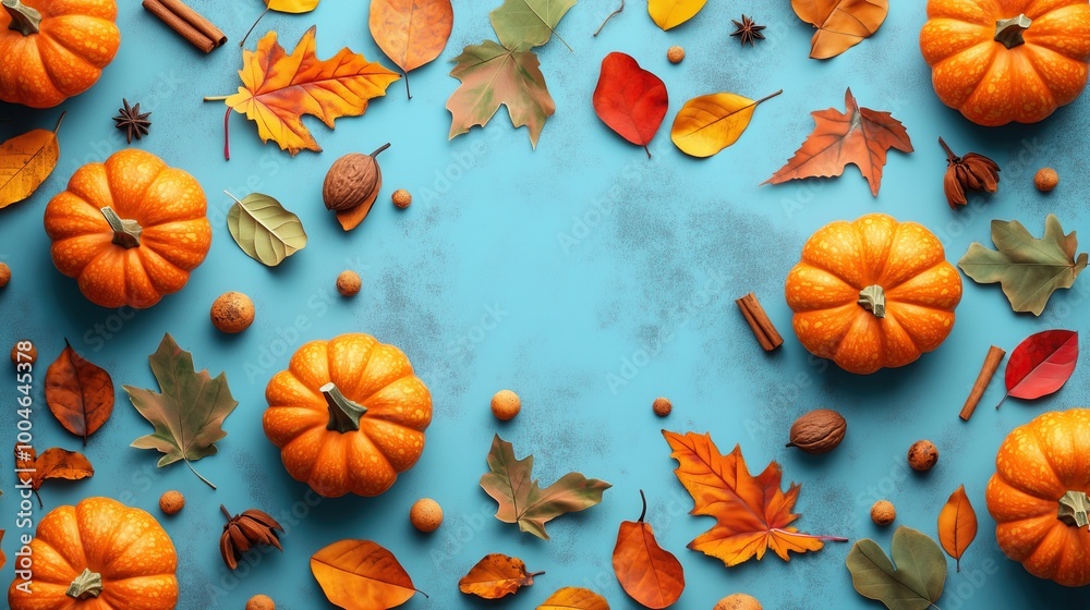This blue background has pumpkins, leaves, and cinnamon on it This blue background has pumpkins, leaves, and cinnamon on it