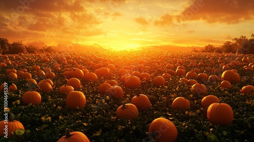 Sunset over a pumpkin patch filled with pumpkins. photo