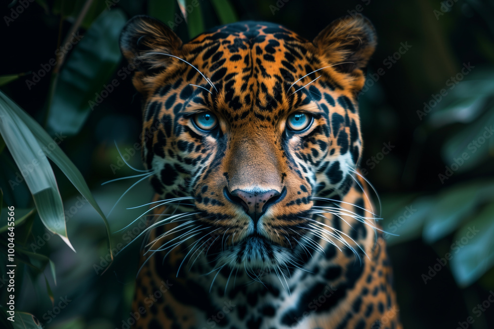 A close-up portrait of a jaguar with striking blue eyes, showcasing its distinctive spotted fur against a backdrop of lush green foliage. A close-up portrait of a jaguar with striking blue eyes, showcasing its distinctive spotted fur against a backdrop of lush green foliage.