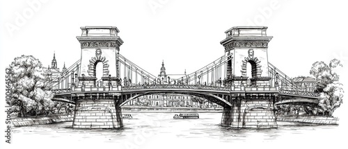 A hand-drawn illustration of the Chain Bridge in Budapest, Hungary, showcasing the iconic arches and intricate details.