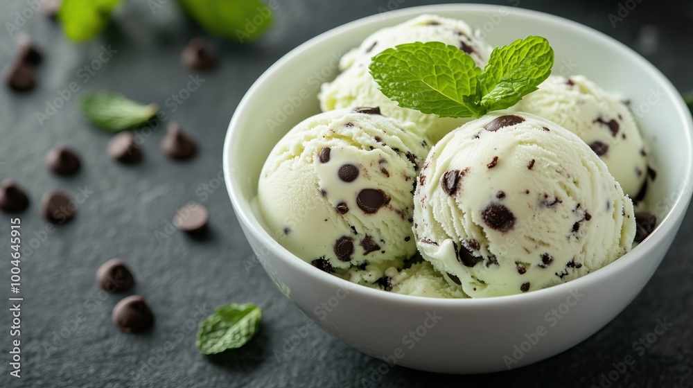 A bowl of mint chocolate chip ice cream with green mint leaves A bowl of mint chocolate chip ice cream with green mint leaves