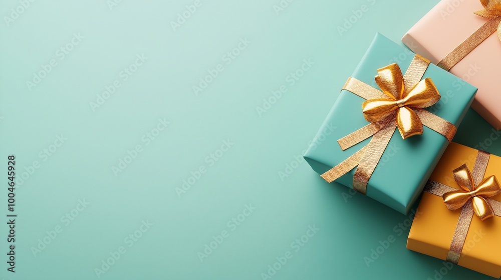 Close-up flat lay poster featuring blue and pink gift boxes with gold ribbons on light blue background, showcasing a festive Christmas theme with a soft pastel palette for gentle holiday atmosphere Close-up flat lay poster featuring blue and pink gift boxes with gold ribbons on light blue background, showcasing a festive Christmas theme with a soft pastel palette for gentle holiday atmosphere