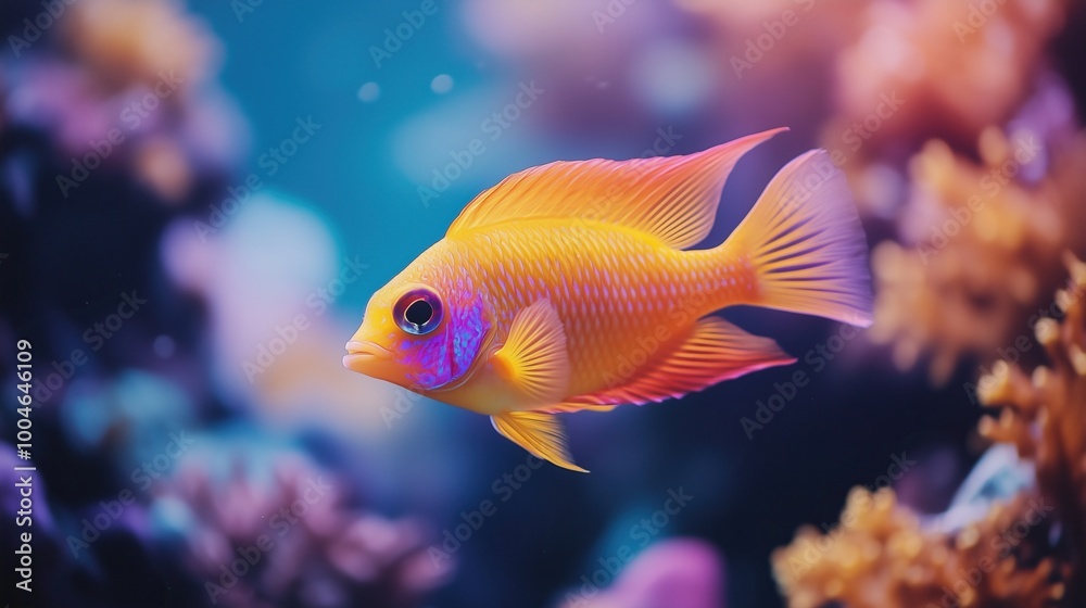 A neon-colored fish swimming in an underwater wonderland A neon-colored fish swimming in an underwater wonderland
