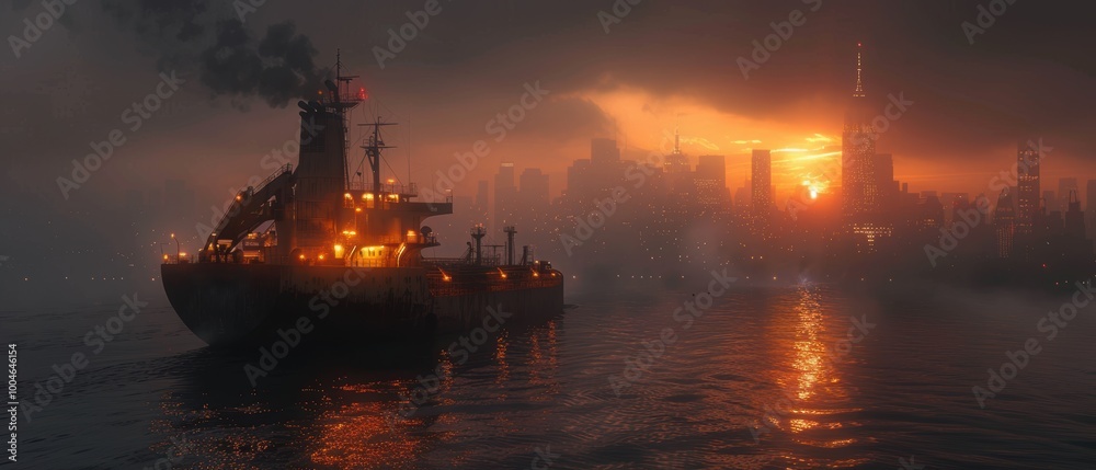 Tanker Ship in Front of City Skyline During Sunset Tanker Ship in Front of City Skyline During Sunset