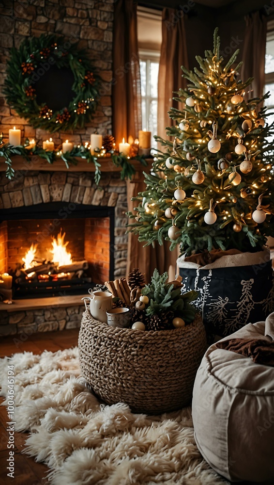 Cozy space with a beautifully decorated tree and warm fireplace for winter. Cozy space with a beautifully decorated tree and warm fireplace for winter.