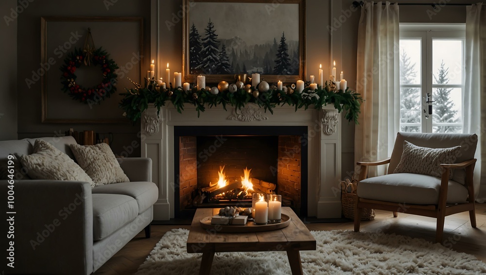 Cozy space with a fireplace, decorated for Christmas and New Year. Cozy space with a fireplace, decorated for Christmas and New Year.
