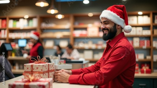 One young European man in Santa hat working at store
Young European man in Santa hat smiling and working in store
Concept: retail worker, holiday shopping, festive season, customer service, Christmas  photo