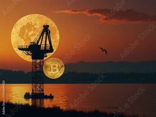 Crane lifting a golden bitcoin at sunset. photo